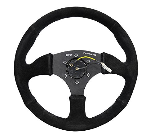 NRG Innovations Reinforced NRG-RST-023MB-S Steering Wheel 350mm Diameter 50mm Depth Sport Suede Racing (2.5" Deep) Comfort Grip, 5mm Thick Matte Black Spoke, Double Riveted Spokes