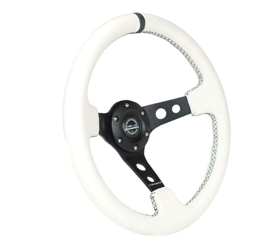 NRG Innovations Reinforced Steering Wheel NRG-RST-006BK-WT-B 350mm Sport Steering Wheel (3" Deep), Black Spoke with Round holes, White Leather, White Stripes