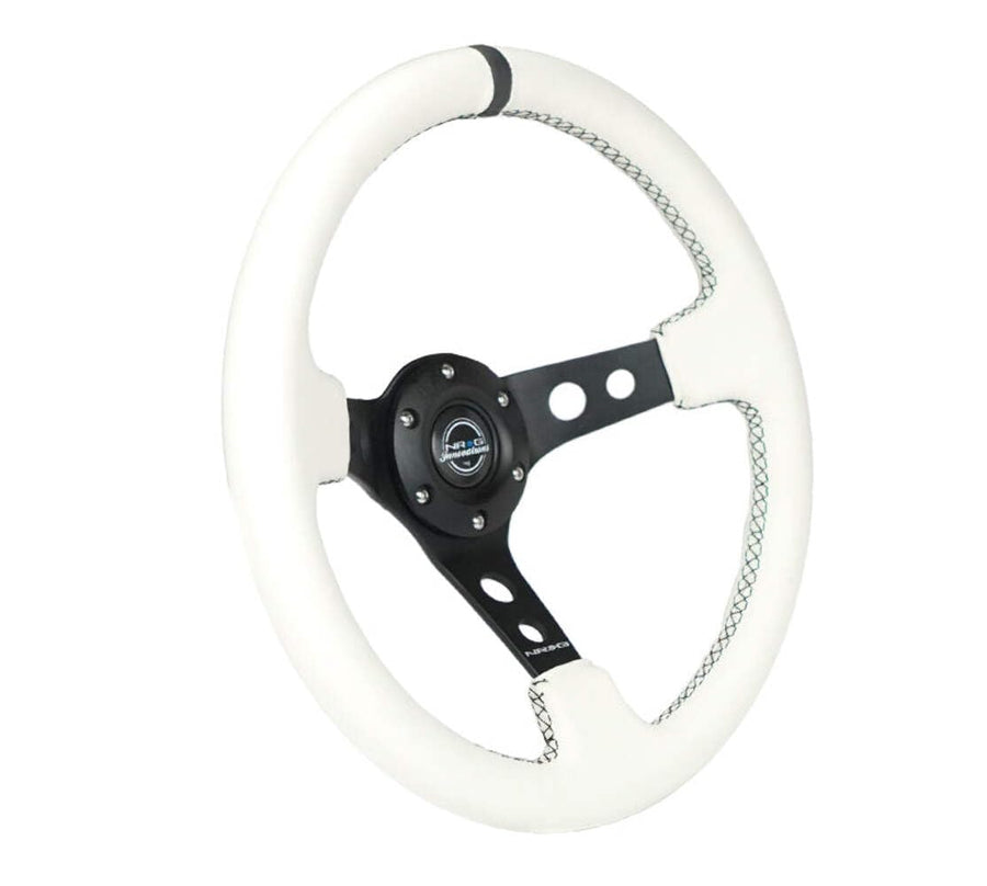 NRG Innovations Reinforced Steering Wheel NRG-RST-006BK-WT-B 350mm Sport Steering Wheel (3" Deep), Black Spoke with Round holes, White Leather, White Stripes
