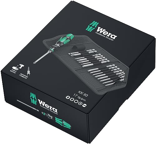 Wera KK 60 5059295001 Kraftform Bitholding Screwdriver and 3 1/2-Inch Bit Pouch Set, 17-Piece, Multi