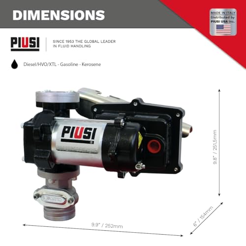 Piusi EX50 DC Fuel Transfer Pump UL 12V Cast Iron Body 15 GPM Flow Rate at Nozzle with Flanged Components Built-In Bypass Valve NPT for Diesel Gasoline and Kerosene