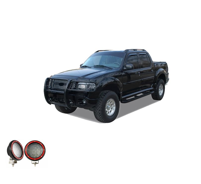 Grille Brush Black Horse Bumper Guard Modular Come with Pair of 5.3" Dia.LED Lights with Red Trim Rings Compatible with 1995-2001 Ford Explorer|1997-2001 Mercury Mountaineer-17F80218MA-PLFR