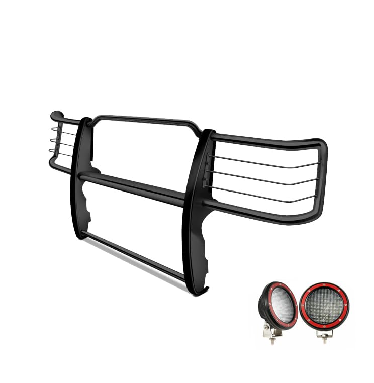 Bumper Guard Black Horse Grille Brush Modular Black Come with Pair of 5.3" Dia.LED Lights with Red Trim Rings Compatible with 2011-2014 Silverado 2500 HD|2011-2014 Silverado 3500 HD-17GT26MA-PLFR