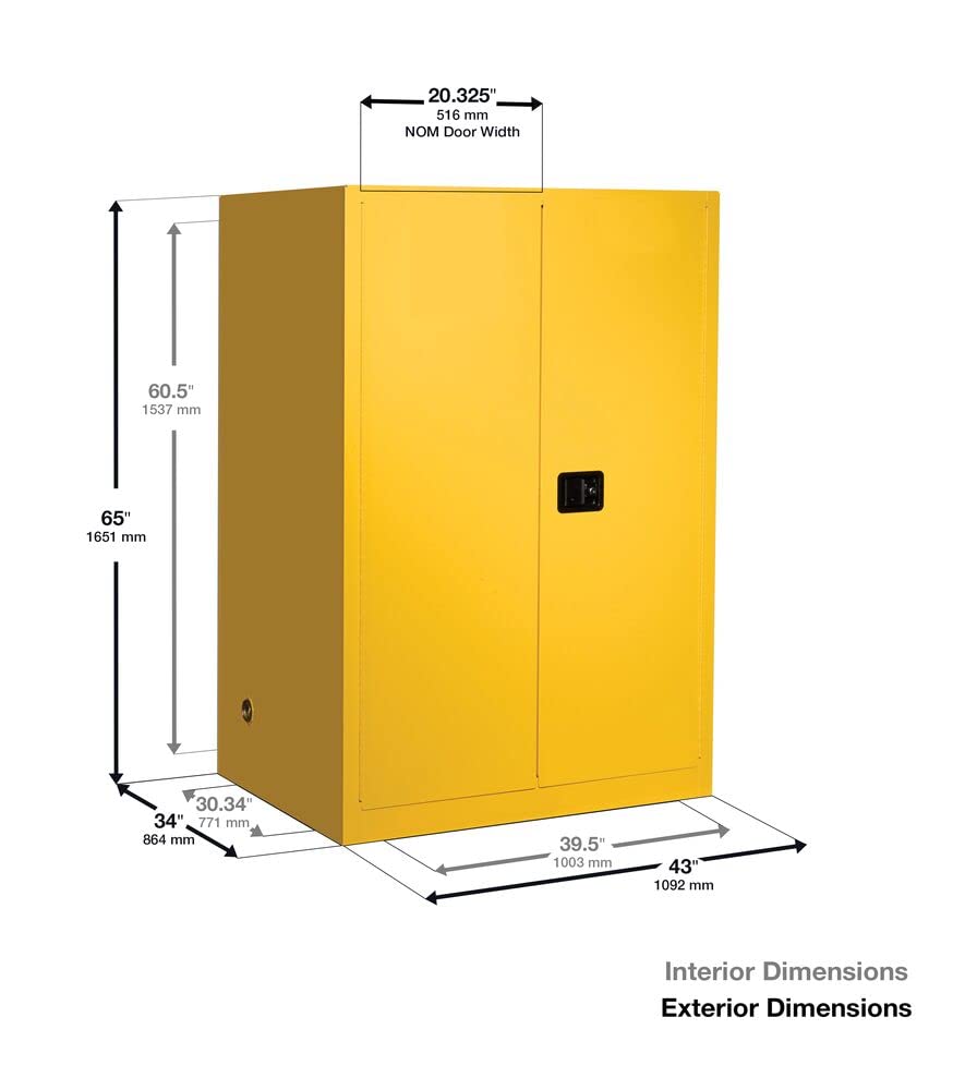 60 Gallon Eagle Haz-Mat Safety Cabinet, Two Drum Vertical, 1 Shelf, 2 Door, Self-Close, Made in The USA, Yellow, HAZ9010X