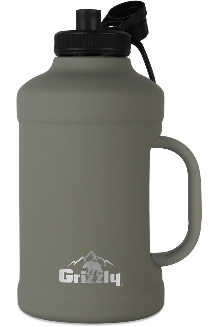 64oz Grizzly Water Bottle | Vacuum Insulated | Leak Resistant Lid | Stainless Steel | Heavy Duty Handle | For Gym Hiking Beach Sports Camping | Lunar Green