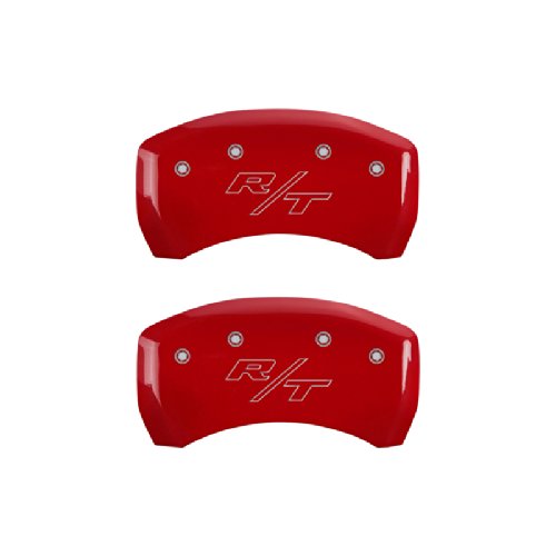 Brake Caliper Covers for 2011-2023 Dodge Challenger & 2011-2023 Dodge Charger - MGP Caliper Covers (Dual Piston Front Caliper) Front and Rear Set - Engraved Cursive CHALLENGER & R/T Vintage Logo (Red)