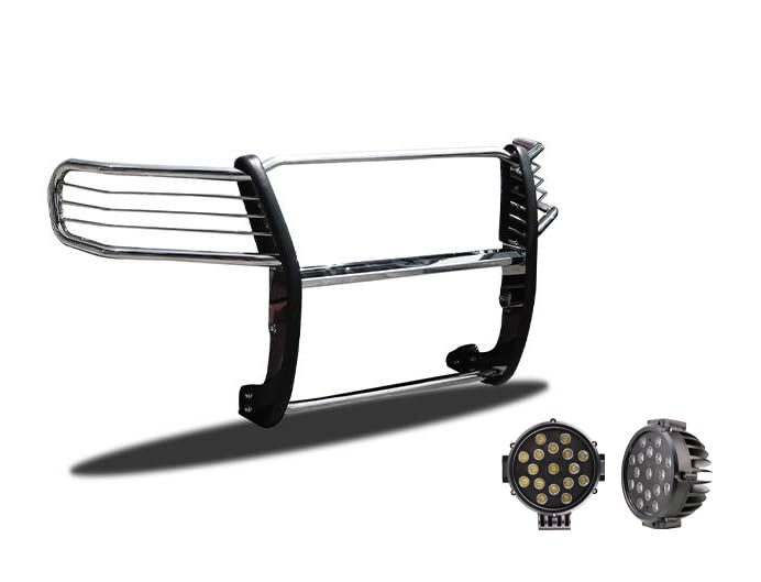 Bumper Guard Modular Black Horse Grille brush Stainless Steel Come With pair of 7.0"LED Lights with Black Trim Rings Compatible with 2008-2022 Toyota Sequoia|2007-2021 Toyota Tundra-17A098900MSS-PLB