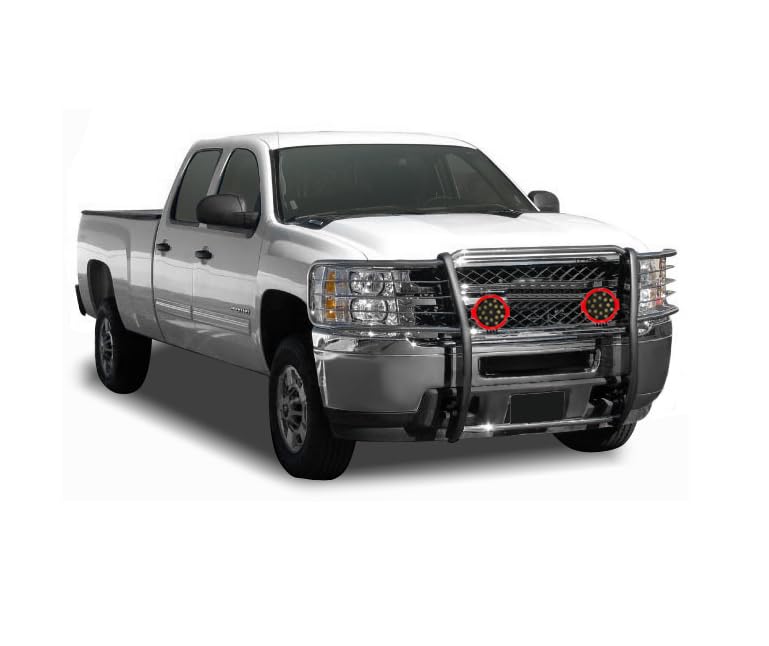 Grille Brush Black Horse Bumper Guard Modular Stainless Steel Come with Pair of 7.0" Dia.LED Lights with Red Trim Rings Compatible with 2007-2013 Chevrolet Silverado 1500-17A035700A2MSS-PLR