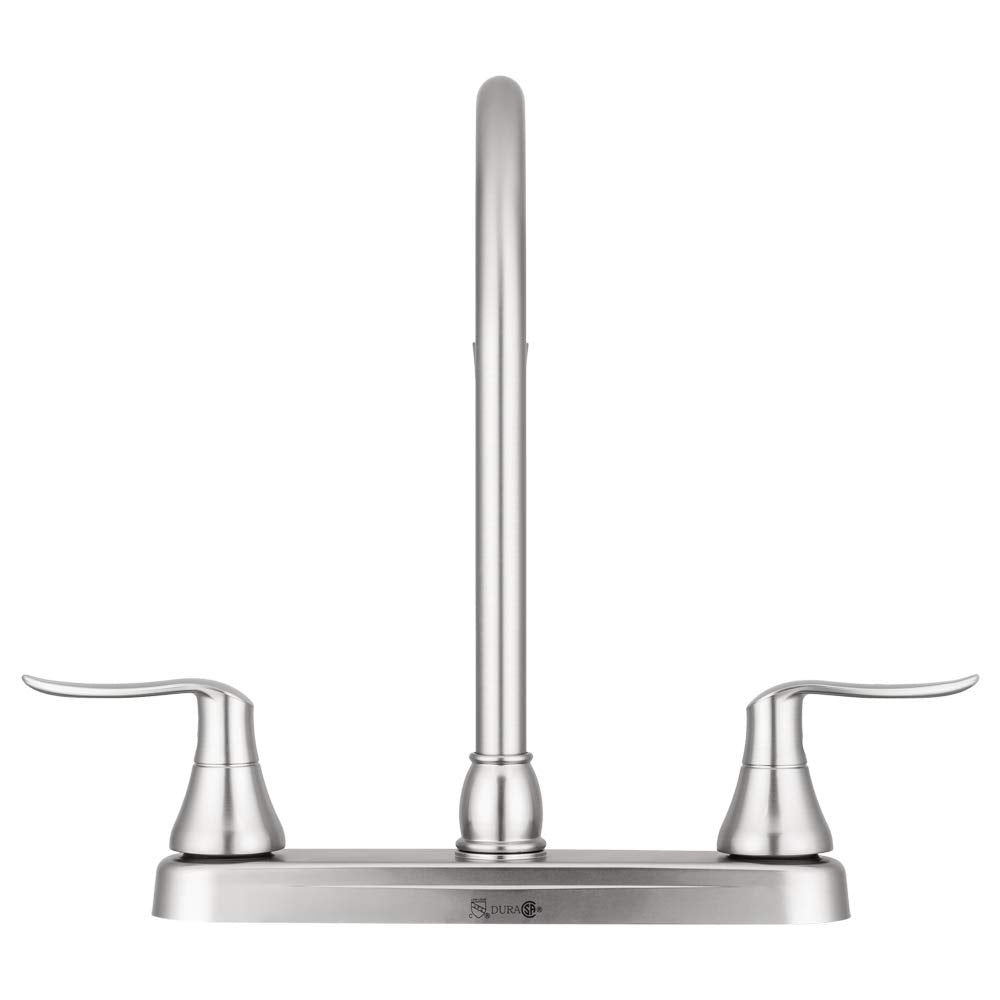 Dura Faucet RV DF-PK330HLH-SN Elegant J-Spout Swivel Kitchen Sink Faucet, Two Handle (Brushed Satin Nickel)