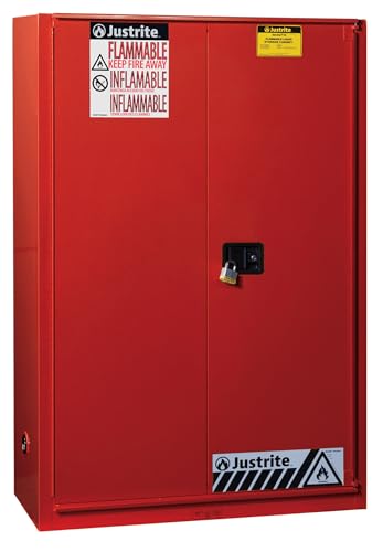 60 Gallon Justrite Self Close Sliding Door Paint and Ink Safety Cabinet, 18 Gauge Steel, 5 Shelves, 43" x 65" x 18", 1 Door Combustibles Cabinet, Made in The USA, Red, 894591