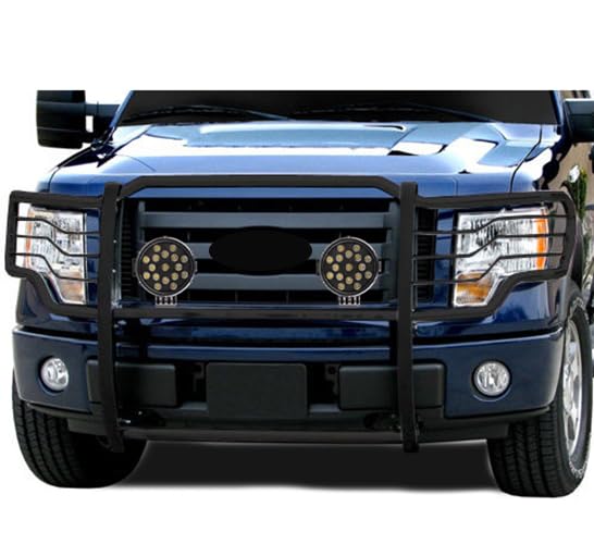 Grille Brush Black Horse Bumper Guard Modular Black Come with Pair of 7.0" Dia.LED Lights with Black Trim Rings Compatible with 2009-2014 Ford F-150-17FP30MA-PLB