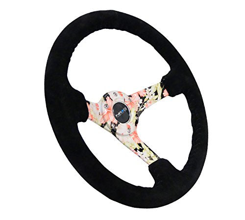 NRG Innovations Reinforced Steering Wheel NRG-RST-036FL-S - Hydro Dipped Tropical Floral 3" Deep, 5mm Spoke, 350mm Sport Steering Wheel Black Suede With Black Baseball Stitching