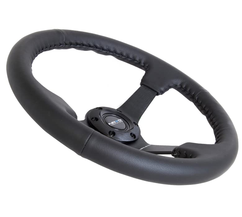 NRG Innovations Reinforced Steering Wheel- RACE STYLE NRG-RST-036MB-R 350mm Sport Steering Wheel (3' Deep) Black Leather With Black Baseball Stitching - Matte Black Spoke