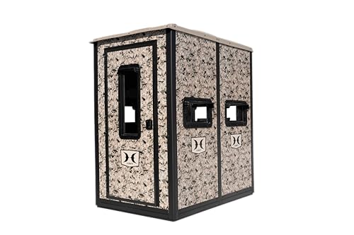 Double Hawk Hunting 4' W x 6' D x 6.5' T Assembled Camo Concealing Insulated Steel Box Blind | Floor with Rubber Pad and Multiple One-Hand-Operable Windows | Blind Only
