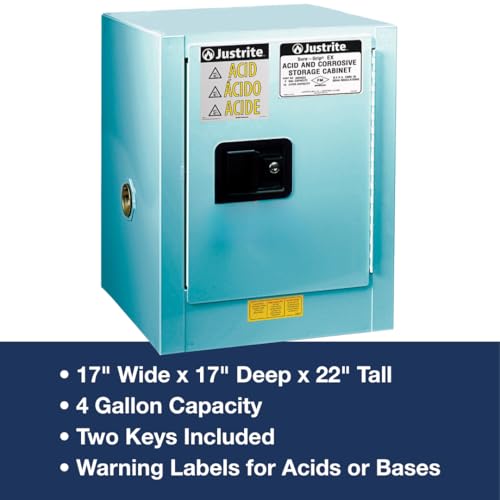 Justrite Storage Cabinet Acid Corrosive - 4 Gallon 1 Door Self Close Chemical Cabinet with ChemCor® Coating - 17" x 22" x 17" - Made in The USA - Light Blue - 8904222