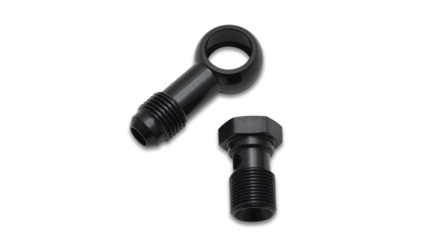 Fitting, Vibrant Power 11572 AN to Banjo Adapter, Male -6 AN Banjo, Male 7/16-20 Bolt, with 2 Crush Washers, Aluminum, Black Anodized, each