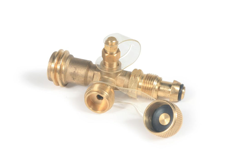 Camco Brass Tee RV Propane – 4-Port Adapter for Motorhomes with Permanent Tank, Acme & POL Threads, Auxiliary Cylinder & Appliance Hookup (59113)