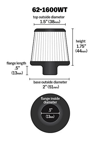 K&N Air Filter/Breather Vent: High Performance, Premium, Washable, Replacement Engine Filter: Flange Diameter: 0.375 in, Filter Height: 1.75 in, Flange Length: 0.5 in, Shape: Breather, 62-1600WT