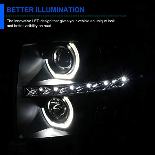 Black Halo Projector Headlights Spec-D Tuning w/LED Compatible with 2007-2013 Chevy Silverado 1500, 2007-2014 Chevy Silverado 2500HD/3500HD, Left + Right Pair Headlamps Assembly