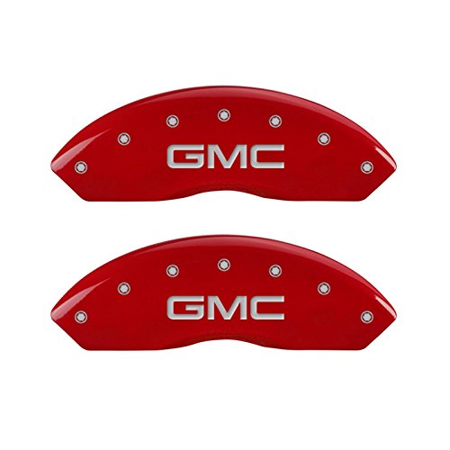 Caliper Covers MGP 34211SGMCRD (Red Powder Coat Finish, Engraved Front and Rear: GMC, Silver Characters, Set of 4)