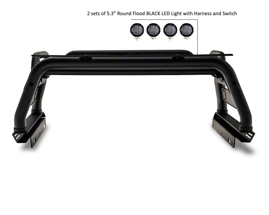Atlas Roll Bar Black Incl. Set of 5.3" Dia.Led Lights w/Black Trim Rings Compatible with 2005-2021 Nissan Frontier-ATRB7BK-PLFB