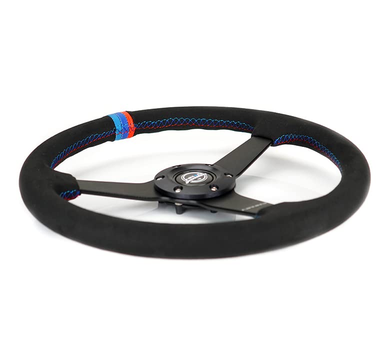 NRG Innovations 350mm NRG-RST-037MB-SA-M3 Sport Steering Wheel (1.5' Deep) Black Perforated Leather with M3 Stitching - Matte Black Solid Spokes with Minty Fresh Miata Logo Etched