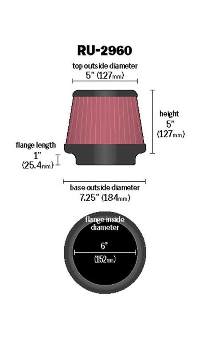 K&N Original High-Flow Lifetime Universal Clamp-On Air Filter: High Performance, Premium, Washable: Flange Diameter: 6 In, Filter Height: 5 In, Flange Length: 1 In, Shape: Tapered Round, RU-2960