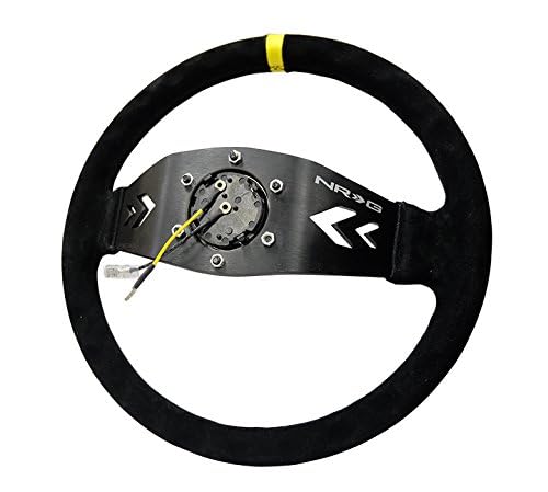 NRG Innovations Reinforced NRG-RST-022S-Y Steering Wheel Arrow Cut Out Two Spoke 350mm Sport Stereing Wheel Suede (3" Deep) Black Suede, Yellow Center Marking