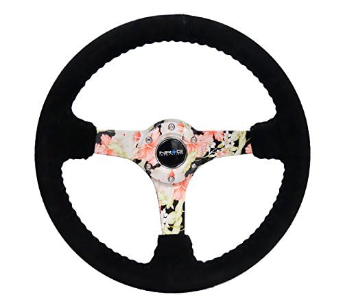 NRG Innovations Reinforced Steering Wheel NRG-RST-036FL-S - Hydro Dipped Tropical Floral 3" Deep, 5mm Spoke, 350mm Sport Steering Wheel Black Suede With Black Baseball Stitching