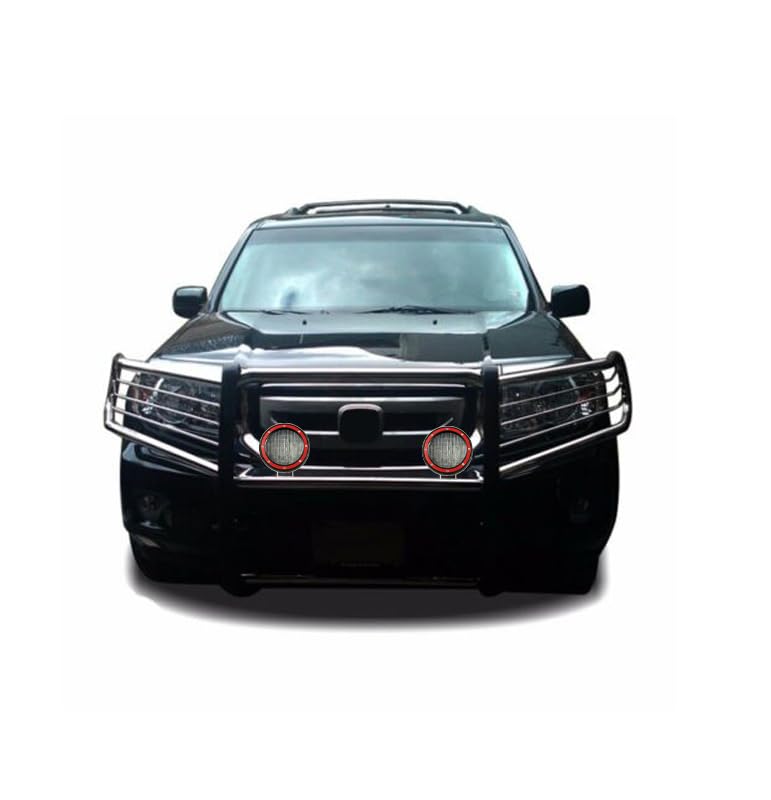 Bumper Guard Black Horse Grille Brush Modular Stainless Steel Come with Pair of 5.3" Dia.LED Lights with Red Trim Rings Compatible with 2016-2022 Honda Pilot-17H151402MSS-PLFR