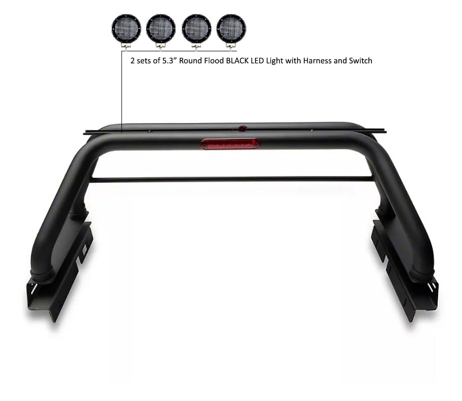 Classic Black Horse Roll Bar Incl. Set of 5.3" Dia.LED Lights w/Black Trim Rings Compatible with 2015-2024 Chevrolet Colorado|2015-2024 GMC Canyon-RB005BK-PLFB