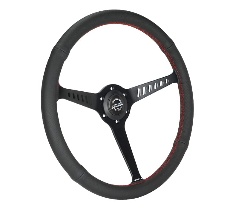NRG Innovations Reinforced NRG-RST-380-STL-R Classic Stealth Wheel, 380mm, 3 Spoke Center with Diagnal Slits, 1" Deep Dish with Perforated Leather and Red Stitching