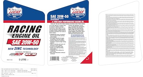 Lucas Oil 20W-50 SAE Racing Engine Oil, 5 Quart (Pack of 1)