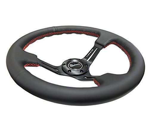 NRG Innovations Reinforced NRG-RST-018R-RS Steering Wheel 350mm Sport Steering Wheel (3" Deep) Black Leather with Red Stitching, Slit Spoke Design over Circular Cut-Outs