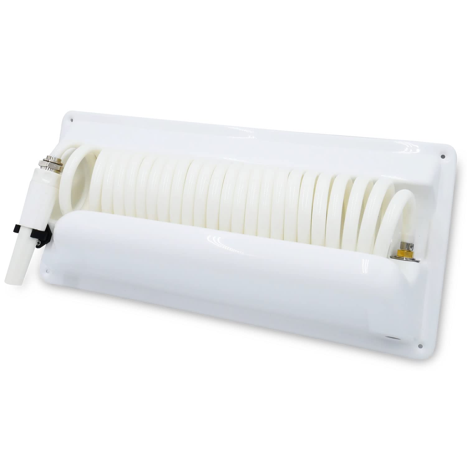T-H Marine Hose Station Pressure Wash - 25' Coiled Hose, 5' Supply Hose, Brass Fittings, Mountable Holder, Marine Cleaning and Outdoor Storage, White