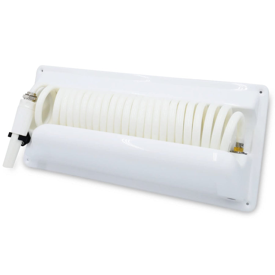 T-H Marine Hose Station Pressure Wash - 25' Coiled Hose, 5' Supply Hose, Brass Fittings, Mountable Holder, Marine Cleaning and Outdoor Storage, White