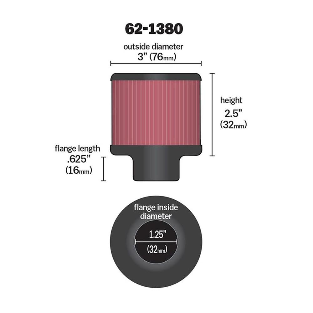 K&N Air Filter/ Breather Vent: High Performance, Premium, Washable, Replacement Engine Filter: Flange Diameter: 1.25 In, Filter Height: 2.5 In, Flange Length: 0.625 In, Shape: Breather, 62-1380
