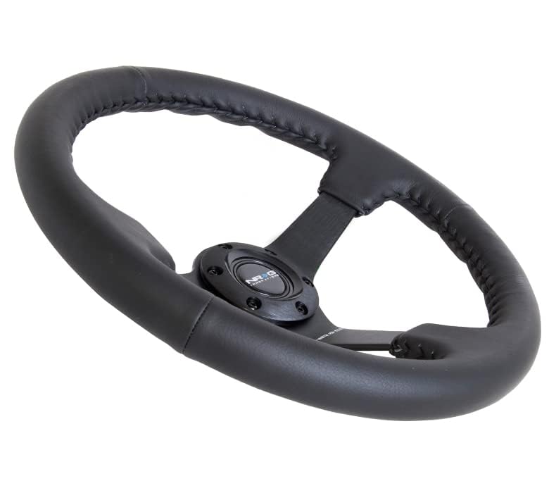 NRG Innovations Reinforced Steering Wheel- RACE STYLE NRG-RST-036MB-R 350mm Sport Steering Wheel (3' Deep) Black Leather With Black Baseball Stitching - Matte Black Spoke