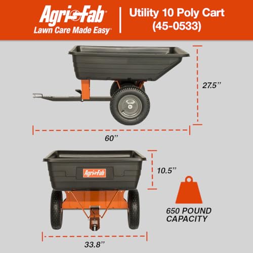 Tow Behind Agri-Fab 45-0533 650 lbs Poly Dump Cart, 10 CU. FT.; Lawn & Garden Trailer for Lawn Mowers, 16" Pneumatics Tires, Easy to Use Foot Pedal Dumping Lever