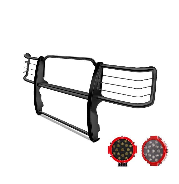 Black Horse Grille Brush Bumper Guard Black Modular Come with Pair of 7.0" Dia.LED Lights with Red Trim Rings Compatible with 2014-2018 Chevrolet Silverado 1500-17GT27MA-PLR
