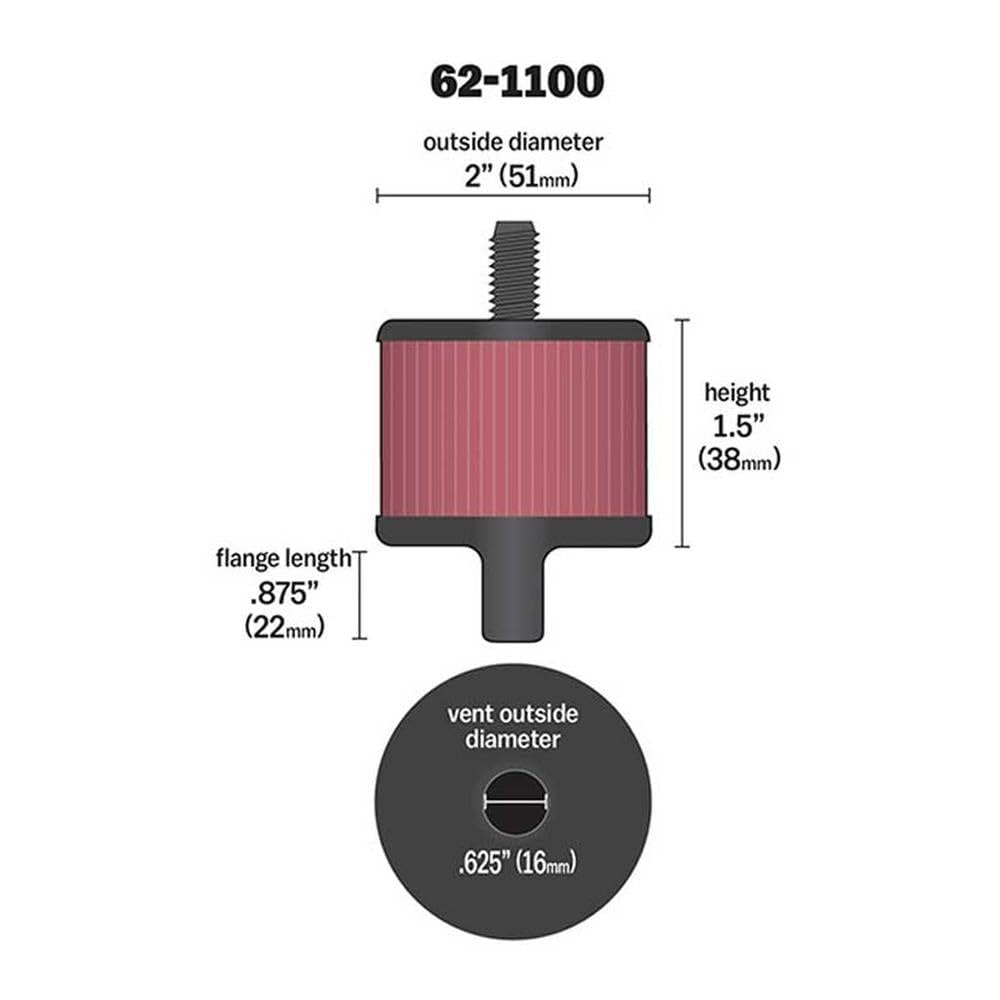 K&N Air Filter/Breather Vent: High Performance, Premium, Washable, Replacement Engine Filter: Filter Height: 1.5 in, Flange Length: 0.875 in, Shape: Breather, 62-1100