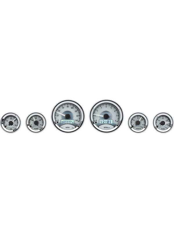 Dakota Digital 6 Round Universal Gauge System Kit, Silver Alloy Style, White Backlighting - VHX-1060-S-W