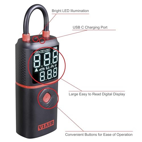 Rechargeable VIAIR EVC - Every Vehicle Carry™ Tire Inflator Portable Air Compressor with LED Light, Electric Air Pump for Cars, Bicycles, Motorcycles, Digital LED Display with preset function