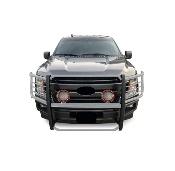 Bumper Guard Black Horse Grille Brush Modular Stainless Steel Come with Pair of 5.3" Dia.LED Lights with Red Trim Rings Compatible with 2015-2024 Ford F-150-17FP32MSS-PLFR