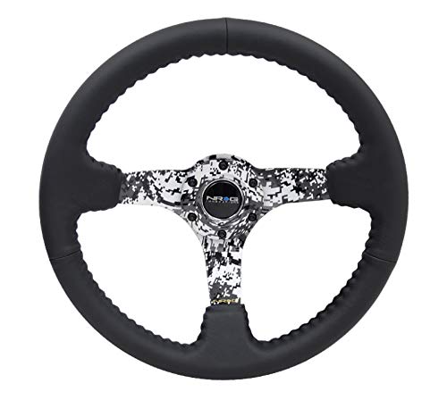 NRG Innovations Reinforced Steering Wheel NRG-RST-036DC-R, Hydro Dipped Digital Camo 3" Deep, 5mm Spoke, 350mm Sport Steering Wheel Black Leather With Black Baseball Stitching