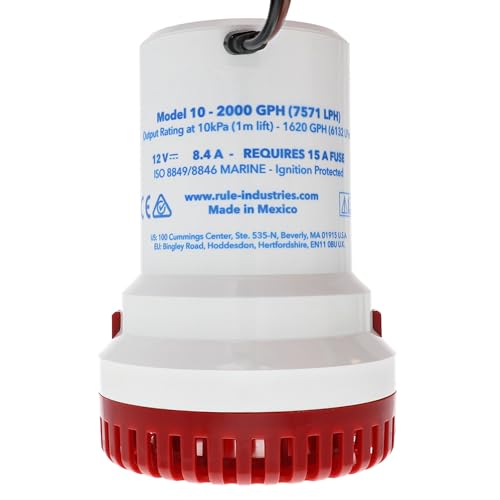 12V Rule 2000 GPH Bilge Pump - Submersible Marine Boat Accessory with 1-1/8" Discharge, Anti-Airlock, Reliable Ignition Protection, Silent Operation, Easy-Clean Strainer - Rust/Corrosion Resistant