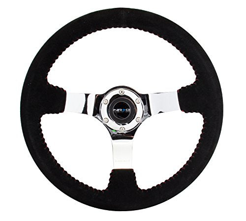 NRG Innovations Reinforced NRG-RST-036CH-S Steering Wheel - 350mm Sport Steering Wheel (3' Deep) Black Suede With Red Baseball Stitching - CHROME Spoke