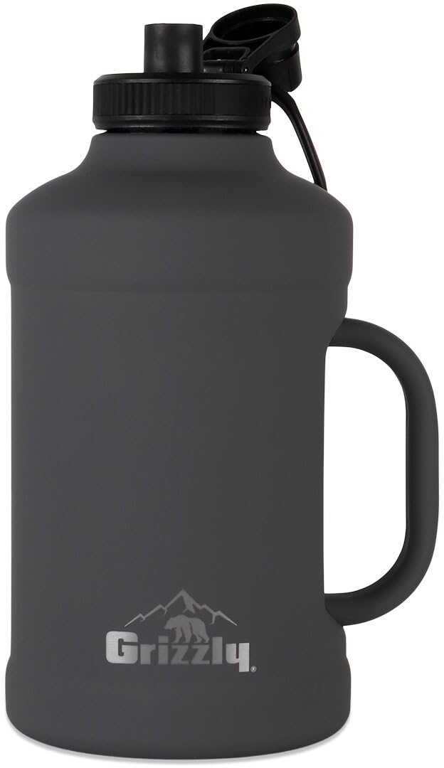 64oz Grizzly Water Bottle | Vacuum Insulated | Leak Resistant Lid | Stainless Steel | Heavy Duty Handle | For Gym Hiking Beach Sports Camping | Stealth Gray