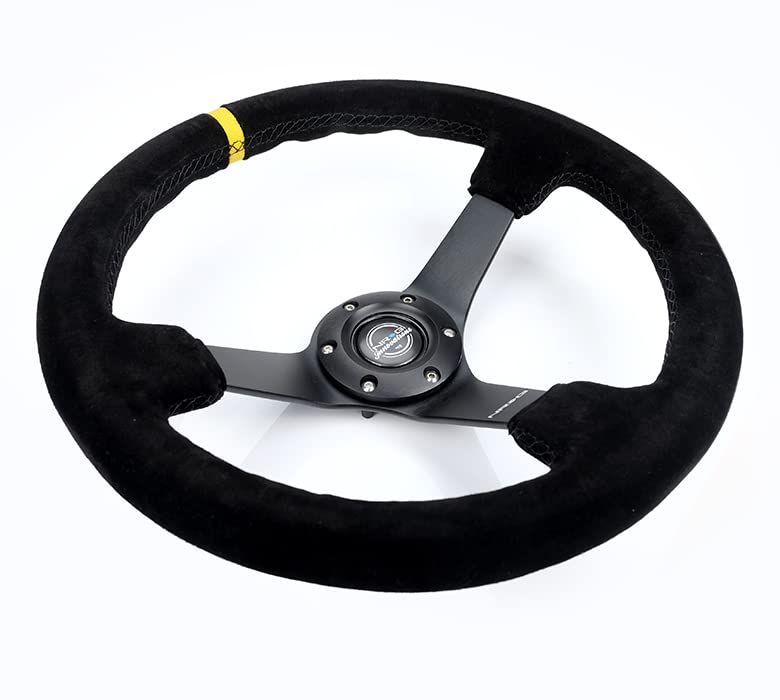 NRG Innovations Reinforced NRG-RST-036MB-S-Y Steering Wheel - 3" Deep, 5mm Matte Black Spoke, 350mm Sport Steering Wheel Black Suede With Black Criss Cross Stitching And Yellow Center Mark