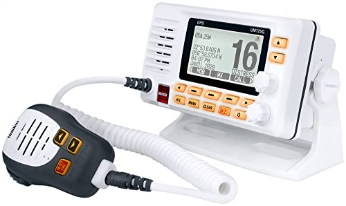 Marine VHF Radio Uniden UM725G, All USA, Canada, and Intl. Marine Channels, 1Watt/25Watt Transmit Power, Largest LCD Screen in Class, NOAA Weather Channels w/Alerts, Speaker Mic, GPS Built-in.